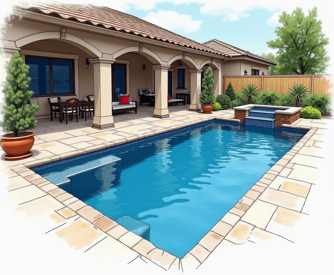 Draw a photorealistic rectangular swimming pool in a lanai with a tanning platform and a rectangular spa on the back side. Overall measurements are 36 feet length and 16 feet width. The color should be rich blue. 