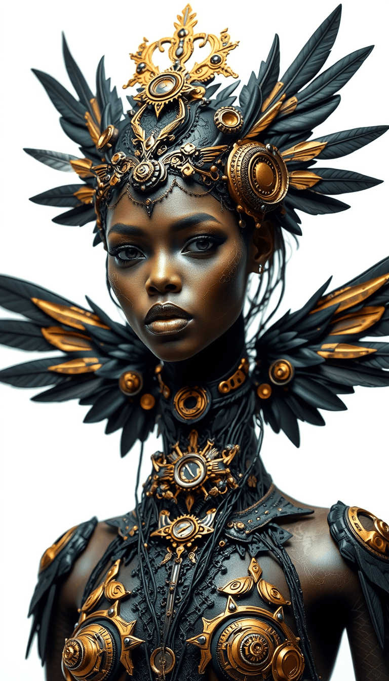 full body shot of a sexy Tanzanian woman, highly detailed, cybernetic creature with black and gold colors, intricate angelic components and feather textures. The face has an angelic skin tone with various gears, wires, and circuits integrated into the design. white background.
