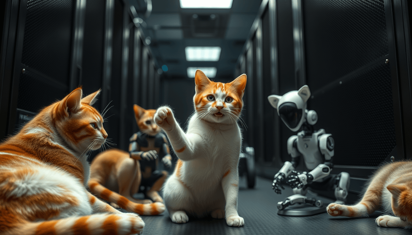 Cats and robots playing in a server room. Dark room, cool lighting, Natural, high resolution, 4k