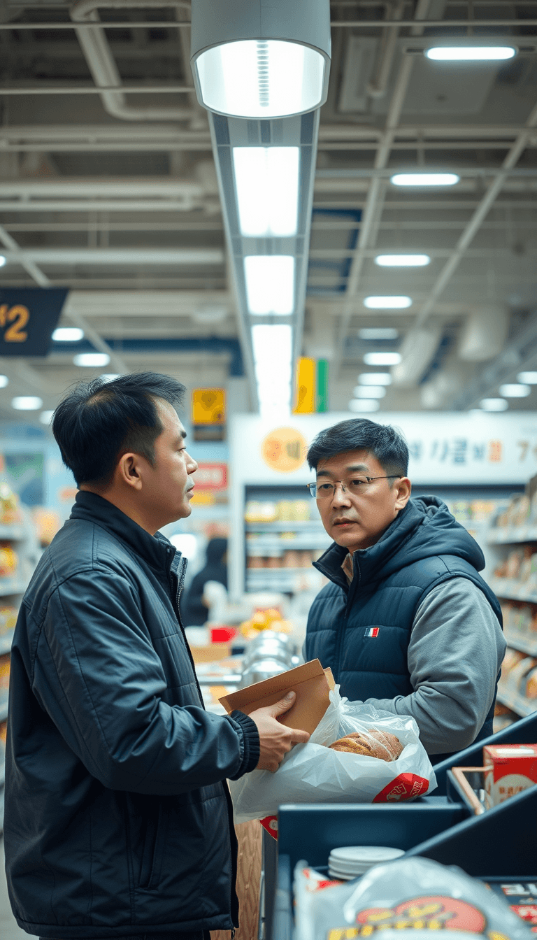 make a  realistic photo of a korean man asking another korean man where he can find the bread. this photo is made in a supermarket store at the cashier