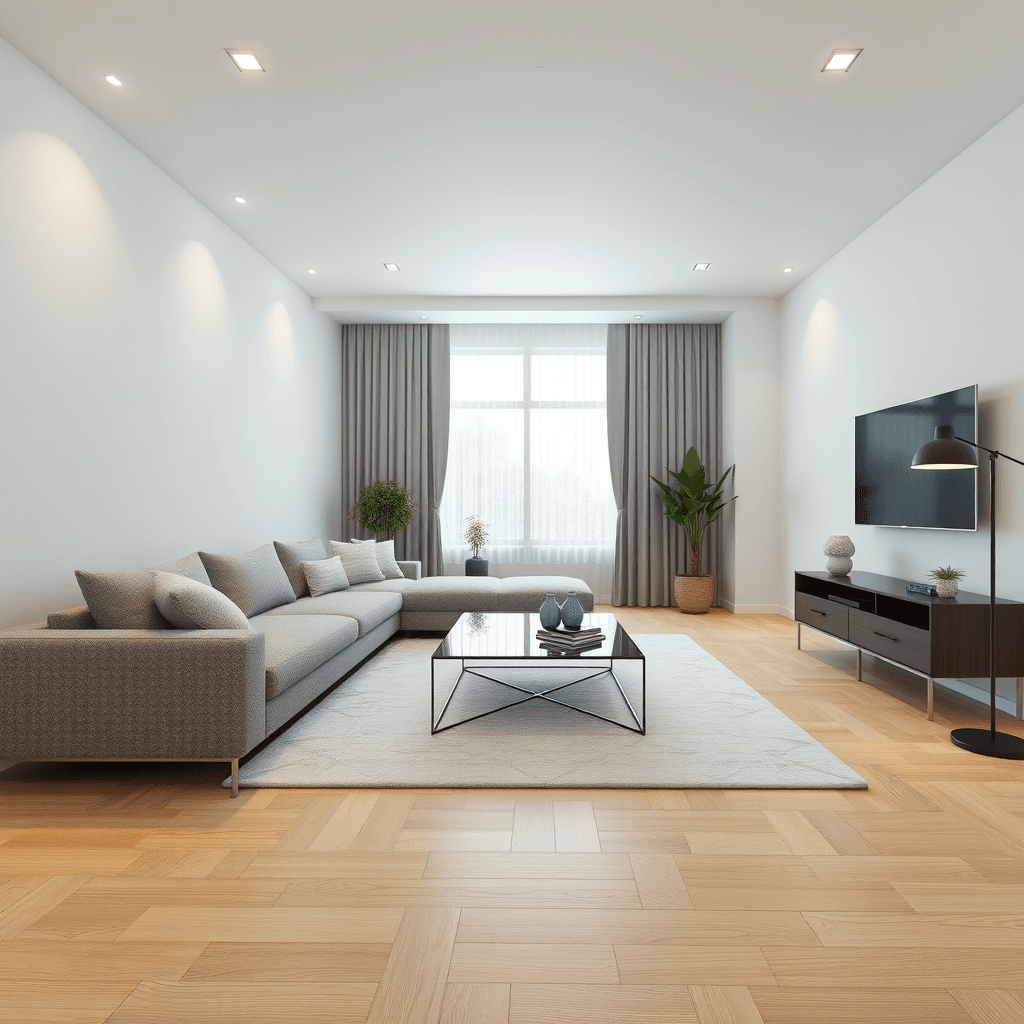 Create a highly realistic 3D model of a modern living room interior. The room should have a contemporary design with a minimalist aesthetic. Include a large L-shaped sofa with textured fabric, a sleek coffee table made of glass and metal, and a plush rug with a subtle pattern. The walls should be painted in neutral tones, and there should be a large window letting in natural light. Add a few houseplants in stylish pots, and a flat-screen TV mounted on the wall opposite the sofa. The floor should be hardwood with a natural finish, and the lighting should be soft and ambient, coming from a combination of recessed ceiling lights and a floor lamp with a modern design.