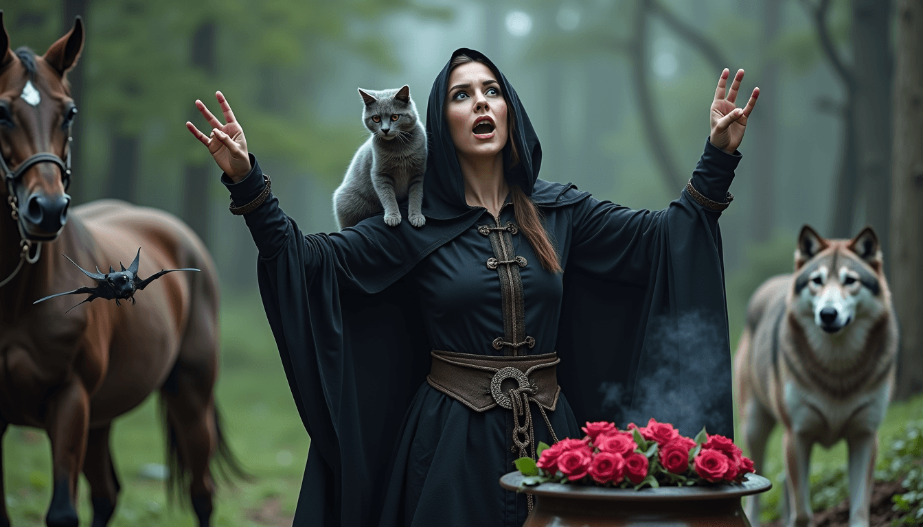 A female medieval healer with a black cloak on, standing over a cauldron with arms in the air chanting a spell. She has a cat on one shoulder and is holding roses in one hand a small bat is flying in the foreground. In the background is a horse a dragon and a wolf. In mystical style