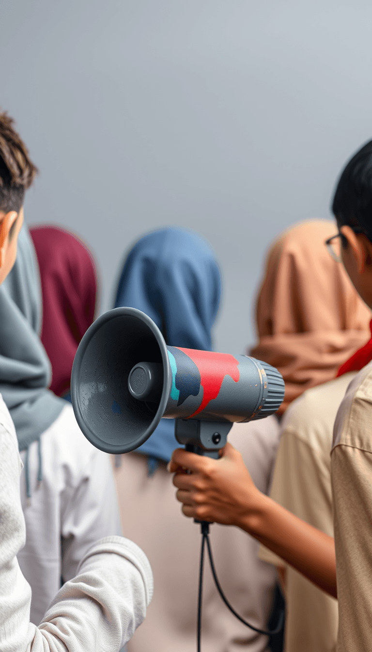 A group of young people, mixed men and women and Muslims, with their backs to the screen, paint a small megaphone. The background is gray and the megaphone is dark gray. The megaphone is in the foreground, there are turquoise, red and navy blue colors on the megaphone, and these colors drip onto the background, giving the megaphone a painted look. 