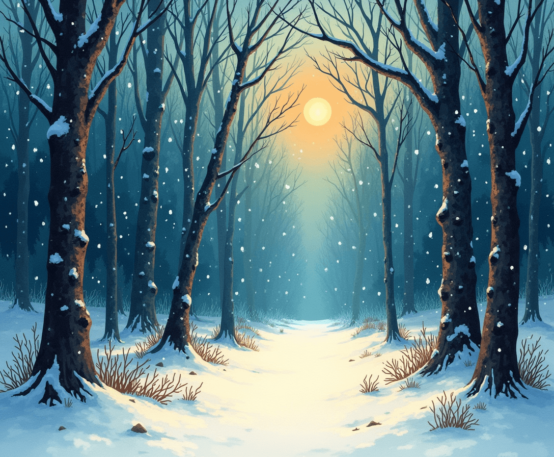 please create a magical Christmas forest design, ar 16:9, watercolor, linocut, christmas colors, no falling snow


