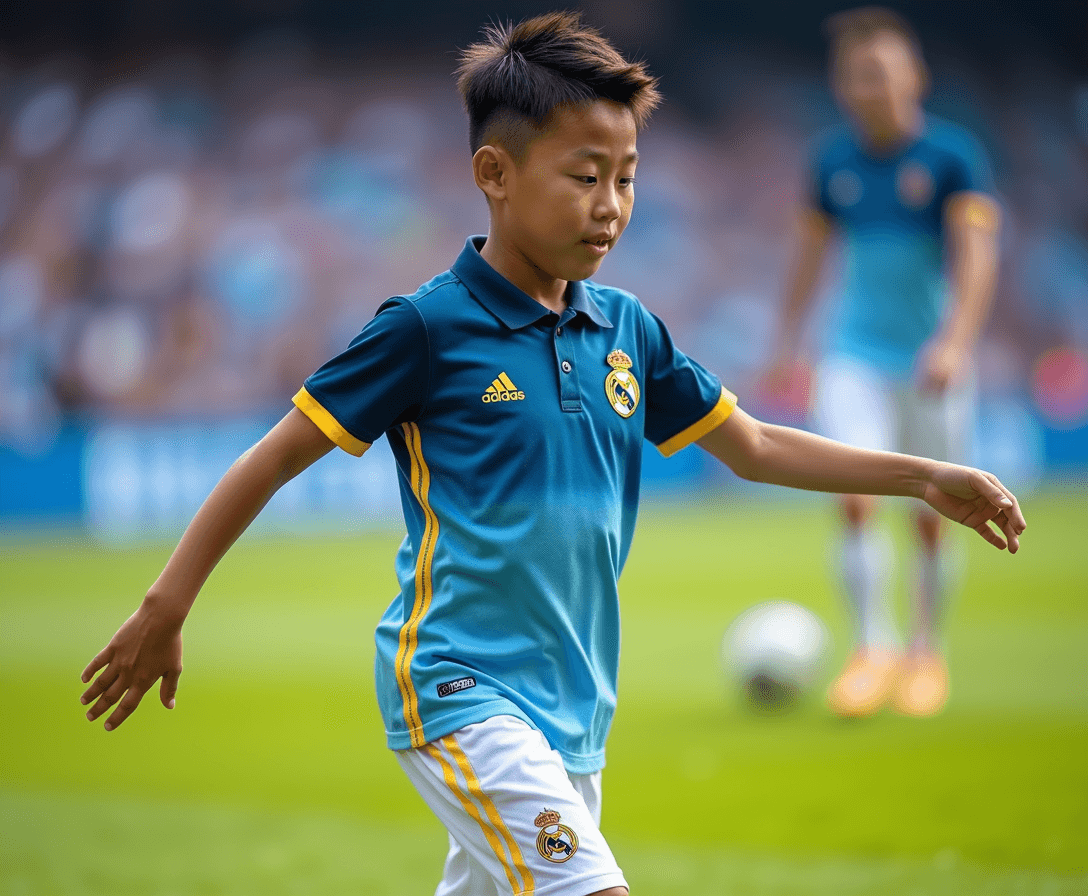 
full body shot 9 year old dancing asian boy with short wet faux hawk with highlights, wearing blue white hexagon marble fade adidas real madrid shirt with popped undone polo collar with yellow trim and white shorts  and football socks and trainers, in stadium looking over shoulder