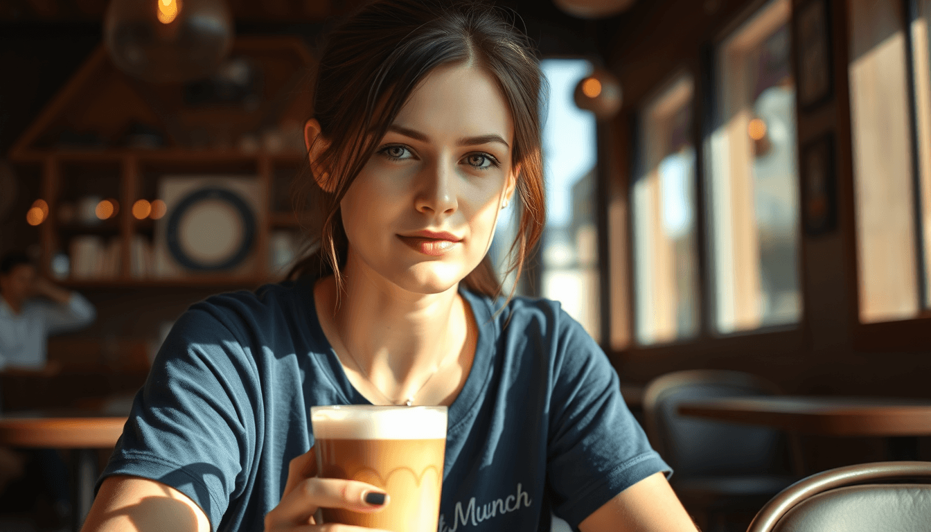 A young Lara Croft like brunette, in a dark blue t-shirt. She is sitting in a coffee bar with a glass with a cafe latte in front of her. The shirth have the text Claudia Münch JustSweet. The sun is shining in.