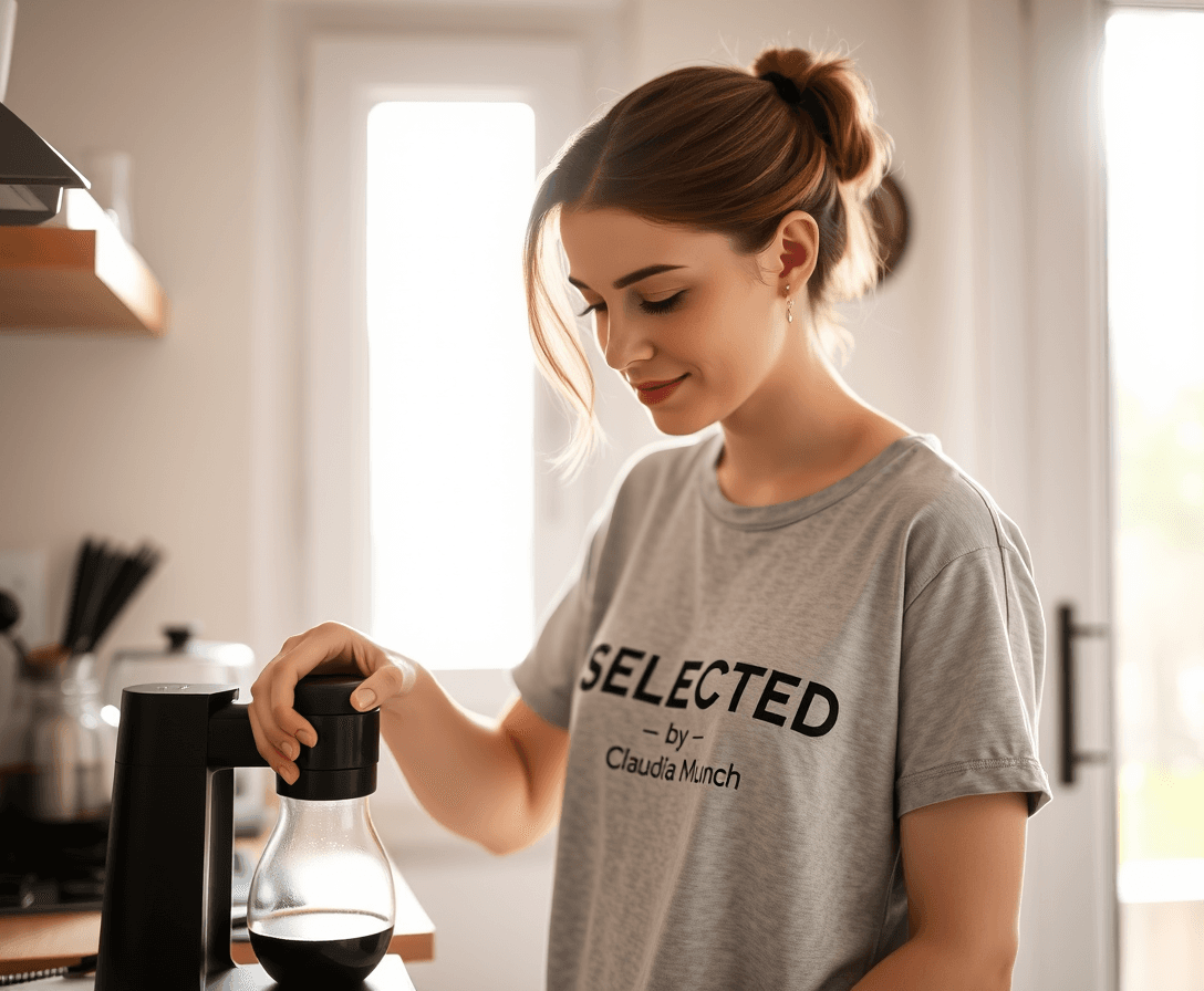 A young brunette, in a light grey t-shirt with the print "SELECTED by Claudia Münch" preparaing a black coffee in a kitchen. The sun is shining in through a window.