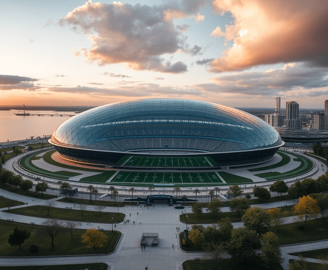 A domed football stadium on Chicago lakefront 