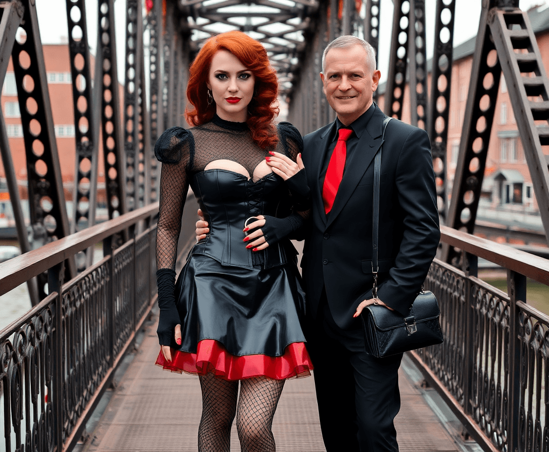 A stylish daytime photo of a couple on a historic iron bridge in the Speicherstadt district of Hamburg. The sissy (female looking but clearly transgender) (around 40 years old, red wavy hair, heavy makeup with smokey eyes and red lipstick) wears a black latex top with mesh elements and puffed sleeves, a black latex corset with front closure and traditional lacing in the back, a black shiny flared latex skirt with a red latex petticoat underneath, fine black fishnet stockings, 12 cm black shiny ankle-high block-heeled boots, a black plain collar with a O-ring, long elbow-length black latex fingerless gloves without fingers showing the fingers and red painted nails, and a large black faux leather shoulder bag. The man (around 50 years old, fit build, clean-shaven, short dark hair) wears a black suit with a red tie and shirt coordinated to match the woman’s outfit. He stands next to her on her right, his arm around her waist. Both are fully visible head to toe, looking at the camera with a natural smile. Background: scenic historic Speicherstadt architecture in daylight. The photo shows the whole body of both, from head to shoes.