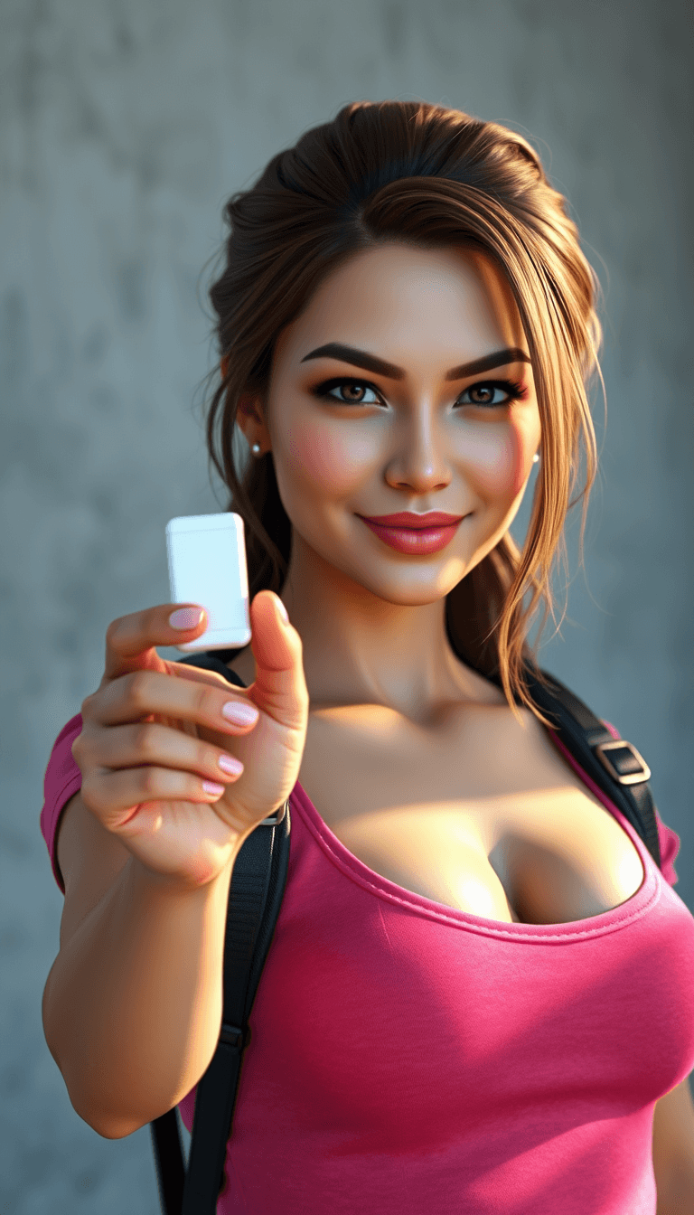 create a photorealistic 3d image of a young busty beautiful woman who looks like Lara Croft, she is wearing a dark pink top. She holds out her hand where she is holding a small white tablet dispenser. The background should be a light gray wall. Sun rays should shine in from the side. Write in English.