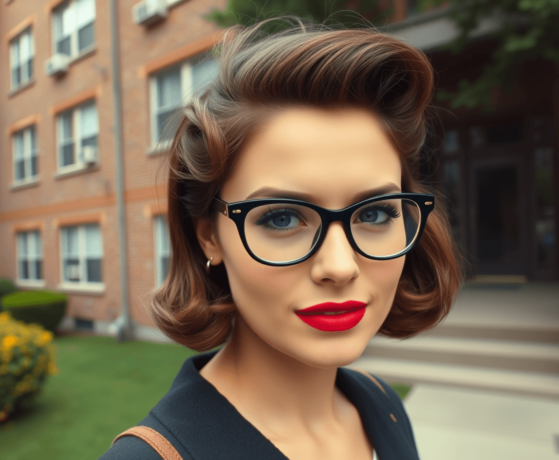 A full-length super realistic image of a 25-year-old woman from 1955 with shoulder-length brown hair, dark-rimmed eyeglasses, and red lipstick, standing in front of a small brick apartment building