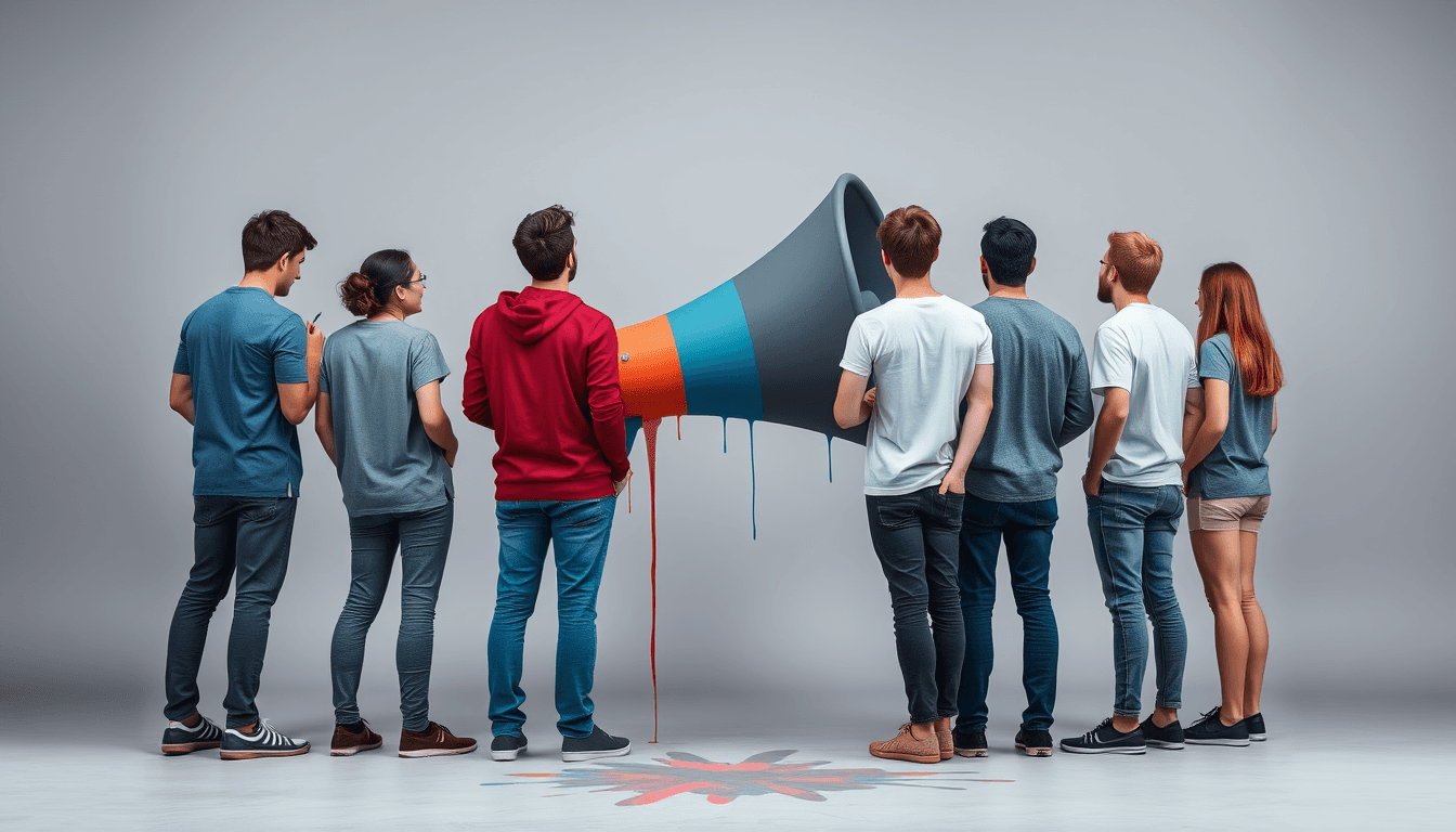 Young people, mixed men and women, with their backs to the screen, paint a megaphone. The background is gray and the megaphone is dark gray. There are turquoise, red and navy blue colors on the megaphone, which drip on the floor, giving it a painted look. 