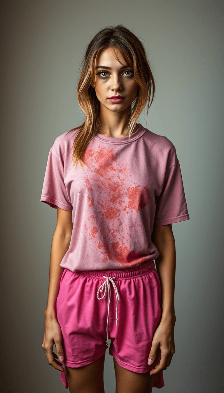 A short and thin Slavic woman in her mid-thirties, with mousy dirty-blonde hair, wearing short pink pajama bottoms and a stained tshirt, standing.  Her eyes are lifeless and her face is unemotional.