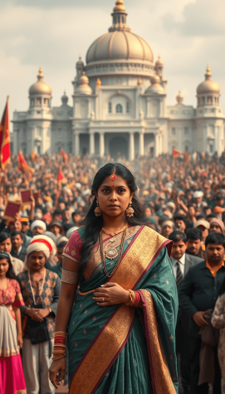 A princess from India standing Infront of a huge crowed asking for chocolate. there is a great palace behind the crowed.