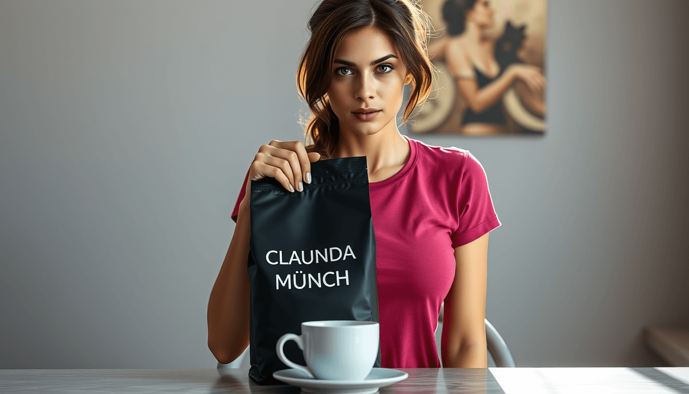 A photo realistic sexy busty sensual brunette young woman with a face like Lara Croft, with green eyes wearing a dark pink t-shirt with the text "CLAUDIA MÜNCH" in white. she is holding out a black coffeebag size 12 cm wide and 18 cm high. No text on the bag. On a table in front of her is a white coffee cup. Light grey background with art in Edward Münch style. Sun is shining in