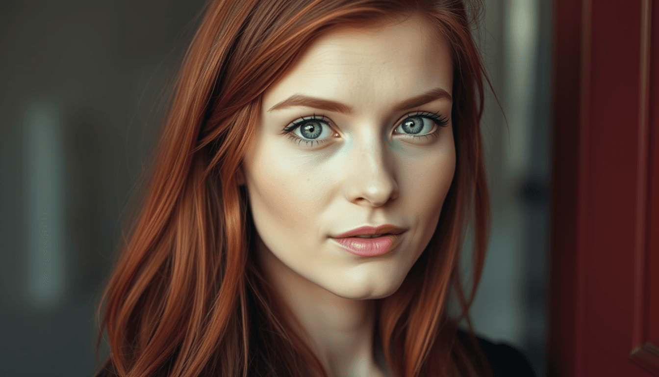 a beautiful woman 30 years old, red hair and green eyes. PHOTO REALISTIC. 