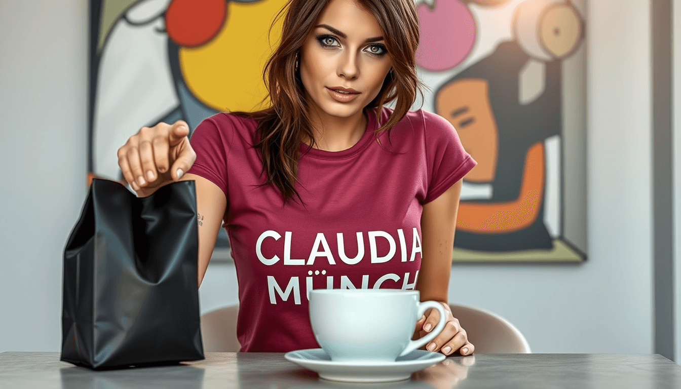 A photo realistic sexy busty sensual brunette young woman with a face like Lara Croft, with green eyes wearing a dark pink t-shirt with the text "CLAUDIA MÜNCH" in white. she is holding out a black coffeebag size 12 cm wide and 18 cm high. No text on the bag. On a table in front of her is a white coffee cup. Light grey background with art in modern Picasso style. Sun is shining in