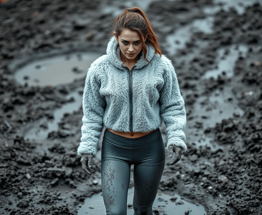 women  in mud. she is wearing a muddy thick and fluffy white fur cropped unzip sweatshirt, leggings and sporty shoes. Her face, hair and sweatshirt are completely covered by thick and sticky grey mud.