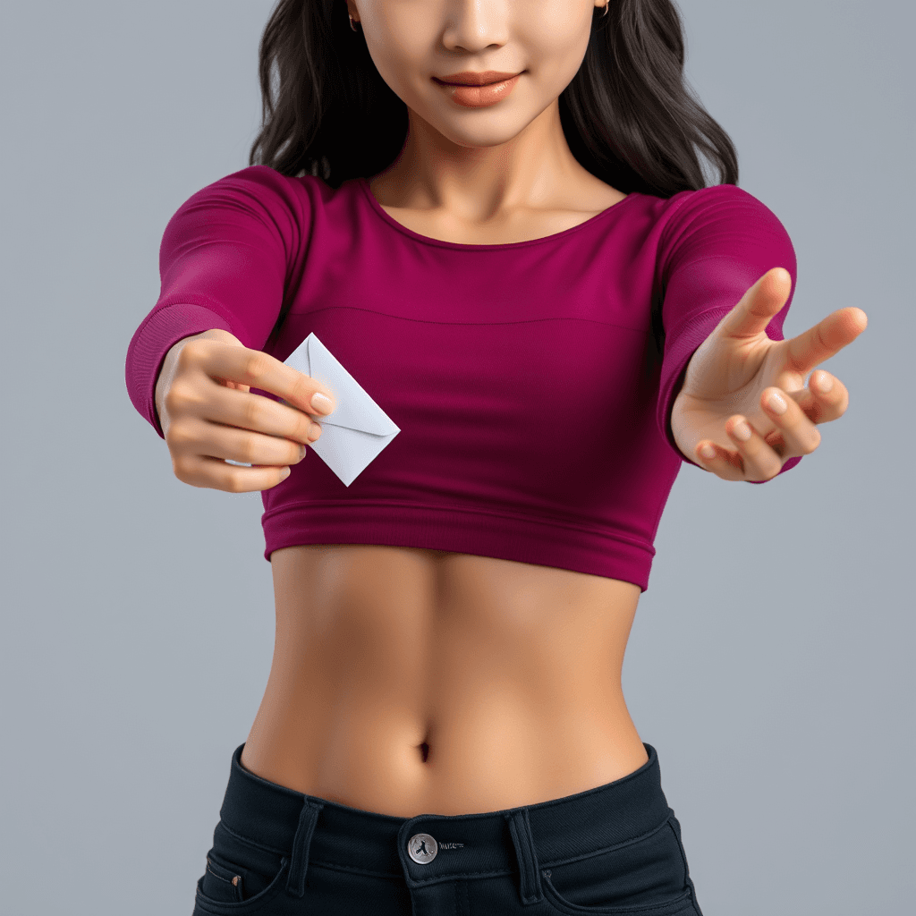 create a photorealistic 3d close up image of a young busty beautiful chinese woman with purple eyes wearing a dark pink top, is well trained and have very visible abdominal muscles, black jeans  and color matching Nike tennis shoes. She is stretching out one of the hands holding a small white envelope. Light gray background