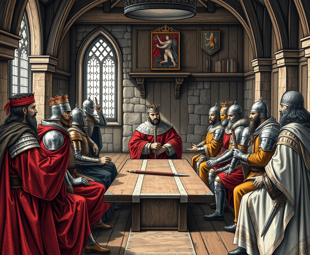 Draw a hyper-realistic picture of a medieval King's court meeting with various noblemen, knights, and vassals representing their particular territory still under one king