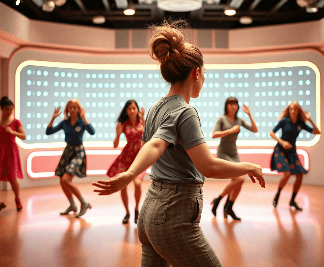 Inspired by the energetic spirit of the 1960s and the optimism of Star Trek, the woman with the ponytail starts a dance movement. in the back round are women doing the twist