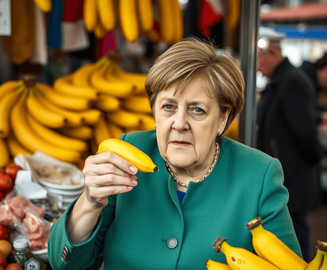 angela merkel alone on market eating bananas