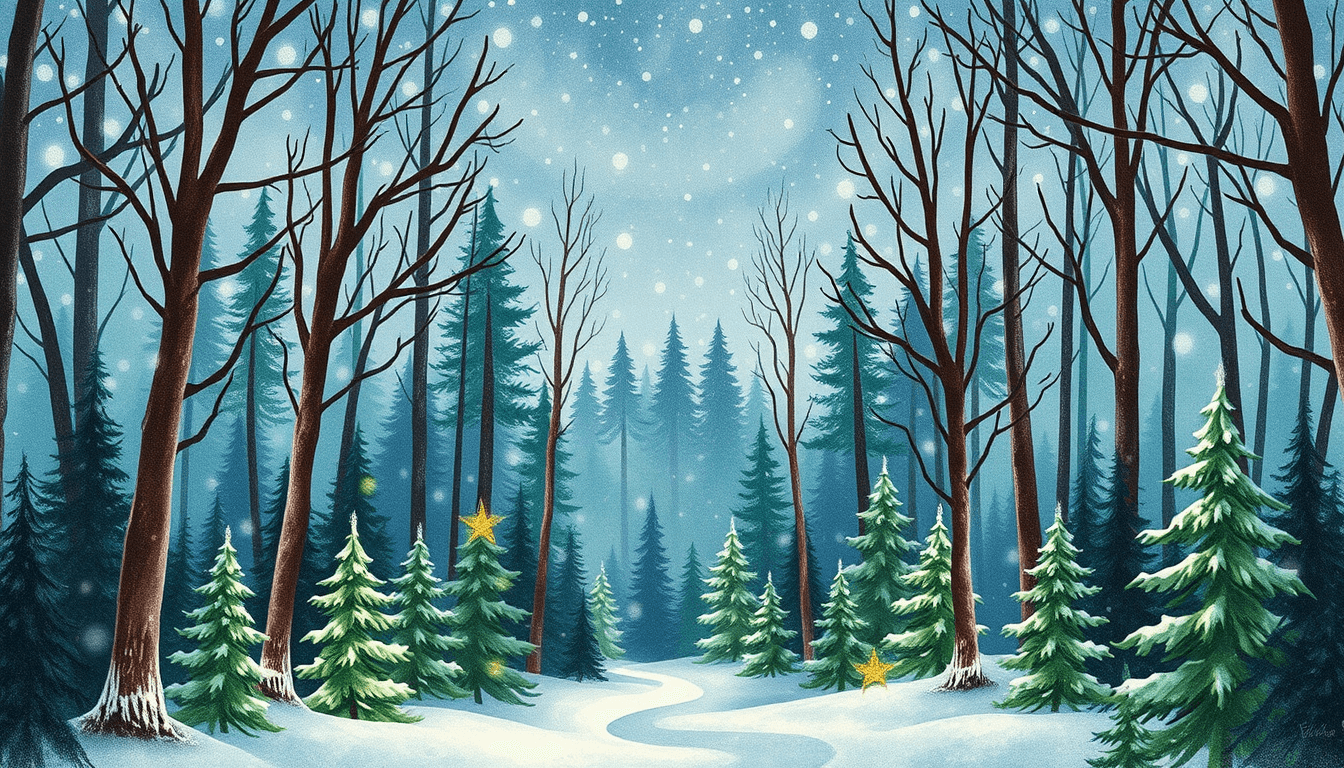 please create a magical Christmas forest design, ar 16:9, watercolor, linocut, christmas colors, no falling snow



