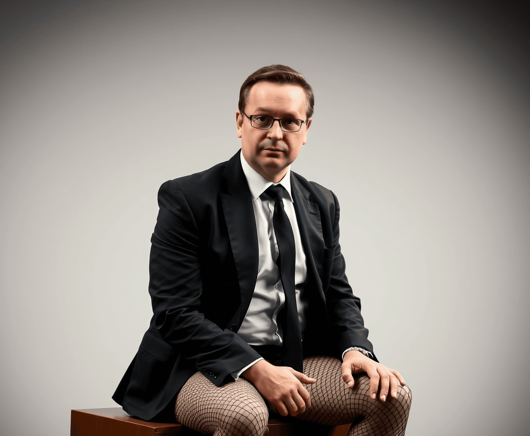 A crossdressing Anthony Albanese the prime minister of Australia. Sitting provocative iwth fishnets and woman clothing on. 