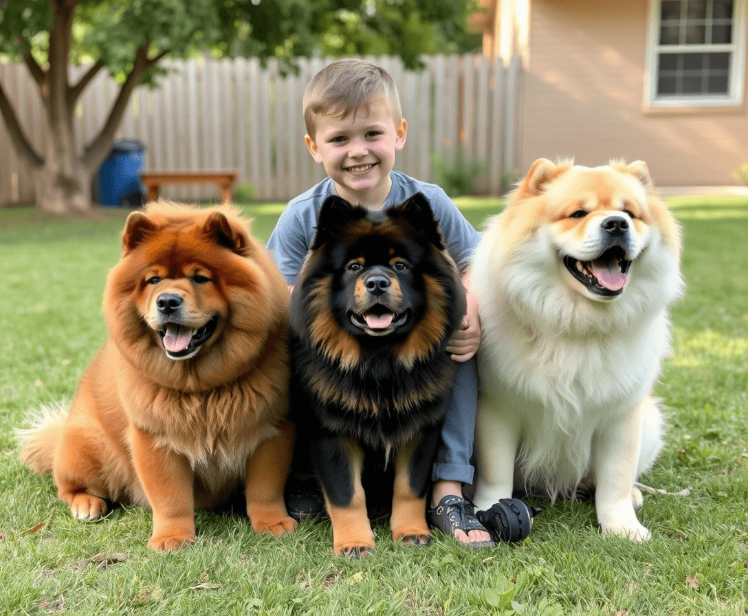 A young male child sitting with 3 chow chows outside in his back yard in the summer in Texas.