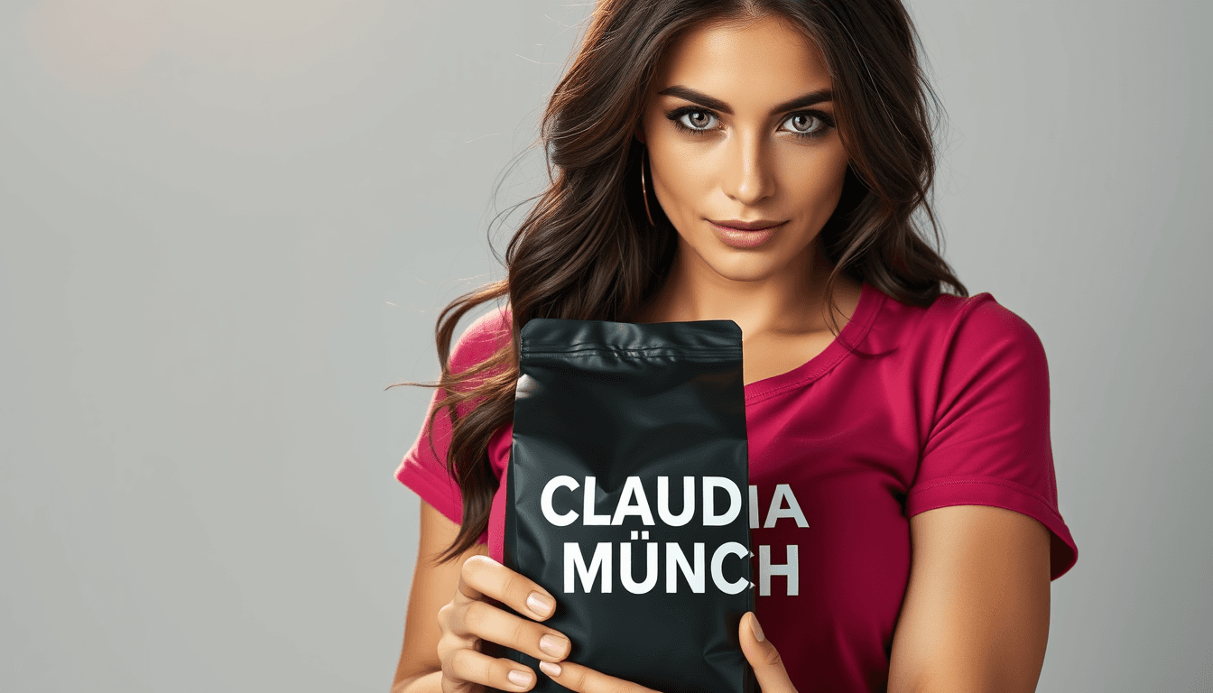 A photo realistic sexy busty sensual brunette woman with a face like Lara Croft, with green eyes wearing a dark pink t-shirt with the text "CLAUDIA MÜNCH" in white. she is holding out a black coffeebag size 12 cm wide and 18 cm high. No text on the bag. Light grey background without details. Sun is shining in