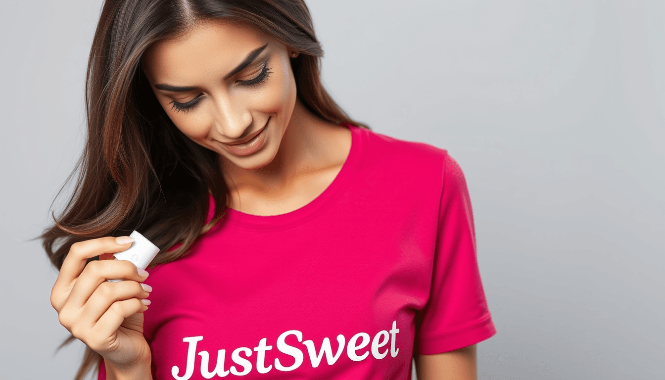 A photo realistic Adriana Lima look alike sexy busty brunette woman, with green eyes wearing a dark pink t-shirt with the text JustSweet. she is bowing the head a little forward and holding a small white tablet dispenser. The shirt have the text JustSweet.  light grey background without details.