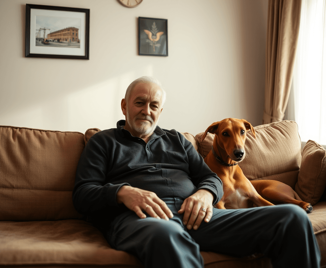 50 year old clean cut man with weasel on couch
