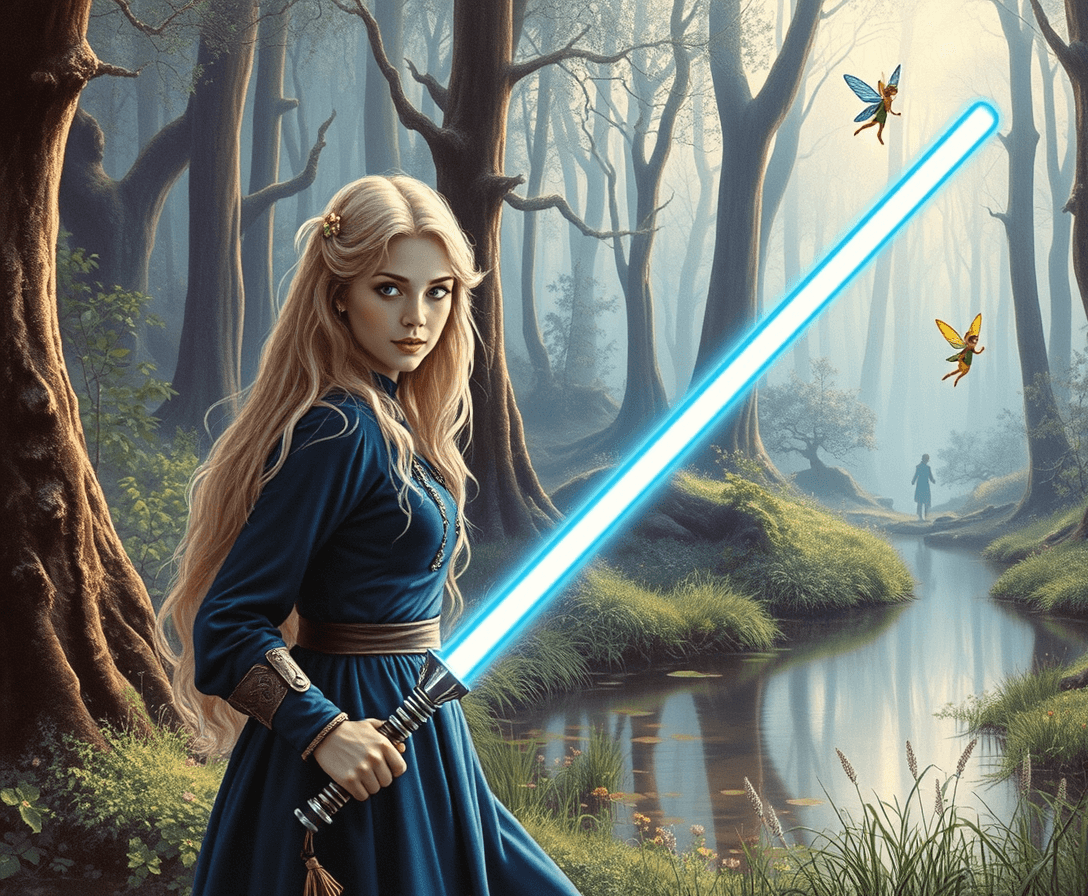 1980's fantasy magical world, in a forest there is a lady with dirty blond hair holding a blue lightsaber sword by a little pond, 2 little fairies flying in the air