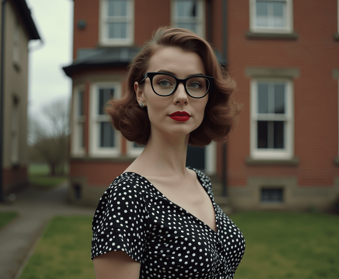 create a ((full-body)) image of a 22 year old woman from the 1950s; she has shoulder length brown hair; she is wearing red lipstick; she is wearing black rimmed glasses; she is wearing a black on white polka-dotted swing dress; cinematic; realistic, high-definition; ((full-body)); she is standing in front of a 1950s real estate office that was built from an old 3 story house