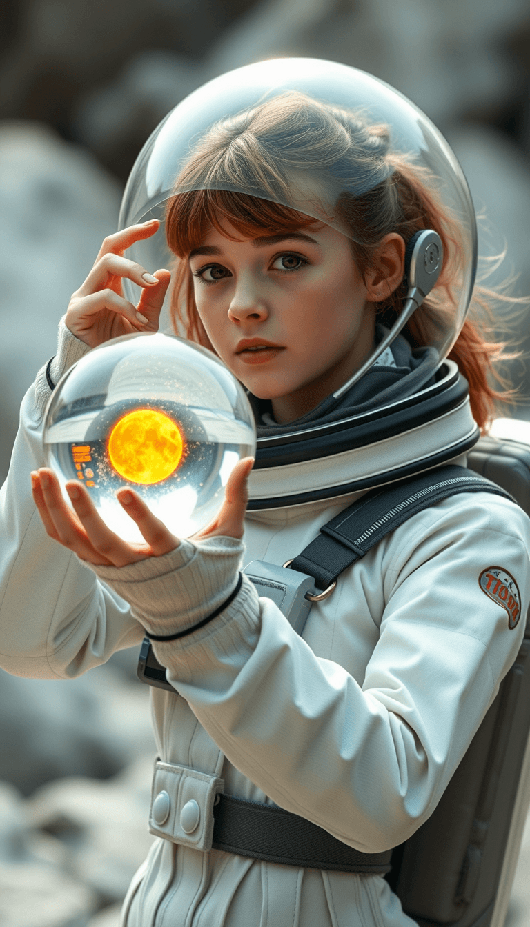 a teenage girl holding a transparent ball containing the sun, dressed in a futuristic space suit