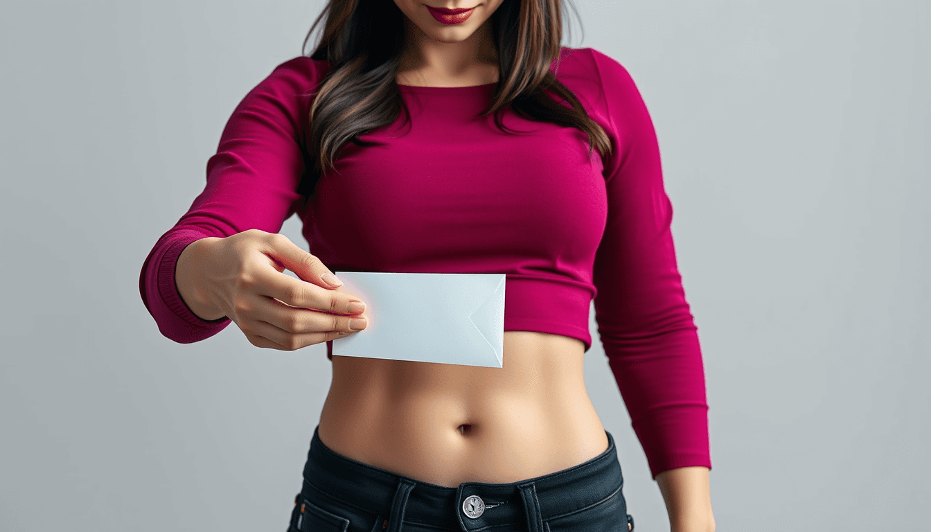 create a photorealistic 3d close up image of a young busty beautiful chinese woman with purple eyes wearing a dark pink top, is well trained and have very visible abdominal muscles, black jeans  and color matching Nike tennis shoes. She is stretching out one of the hands holding a small white envelope. Light gray background