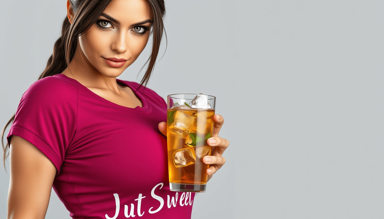 A Lara Croft like busty brunette woman, with green eyes wearing a dark pink top. she is holding a glass of ice tea with ice cubes. The shirt have the text JustSweet.  light grey background without details.