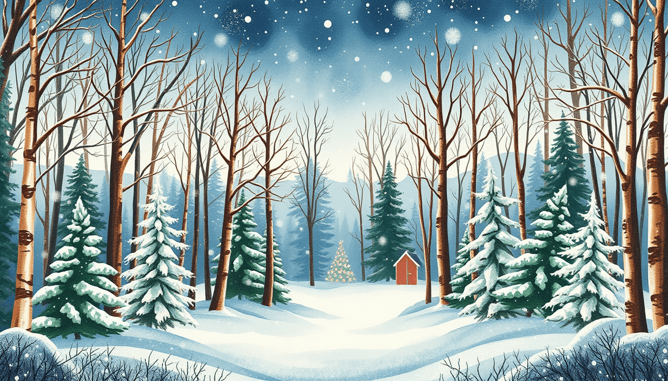 please create a magical Christmas forest design, ar 16:9, watercolor, linocut, christmas colors, no falling snow


