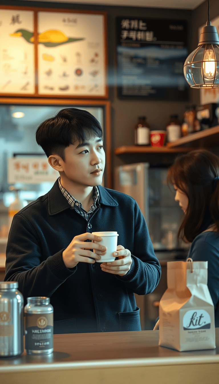 make a  realistic photo of a korean man in a cafe buying a coffee and looking at the korean waitress