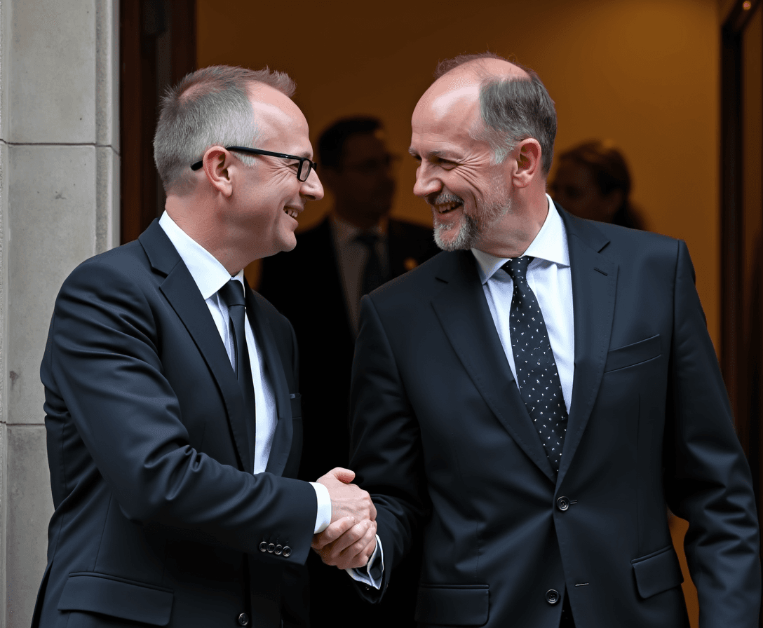 a image of Olaf Scholz giving the hand to Bjorn Höcke in from of the bundestag building in Berlin. They both are wearing a black suit with a tie.