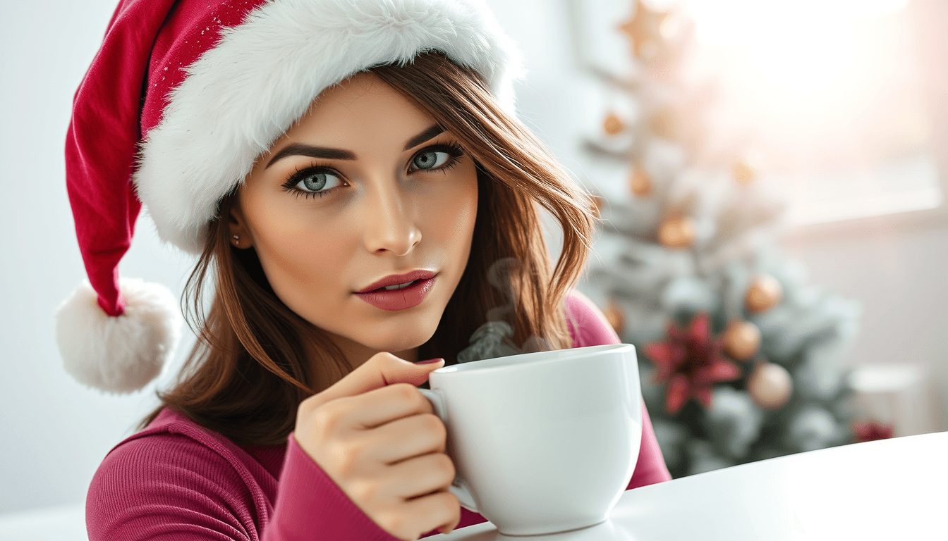 A photo realistic sexy busty sensual brunette young woman with a face like Lara Croft, with green eyes wearing a dark pink santa hat with glitter and a dark pink top. her face express that she is enjoing her coffee. On a white table in front of her to her right side is a white smoking coffee cup. White background with some christmas trees in a distant background. Sun is shining in