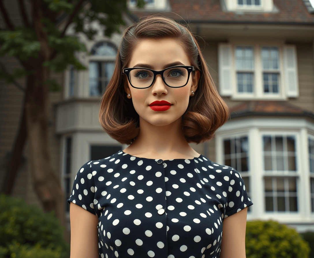 create a ((full-body)) image of a 22 year old woman from the 1950s; she has shoulder length brown hair; she is wearing red lipstick; she is wearing black rimmed glasses; she is wearing a black on white polka-dotted swing dress; cinematic; realistic, high-definition; ((full-body)); she is standing in front of a 1950s real estate office that was built from an old 3 story house