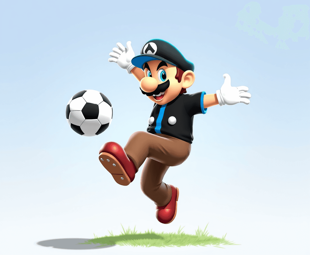 super mario style pixar, full body, con la maglia a strisce verticali di colore nere e azzurre, tira un calcio ad un palla