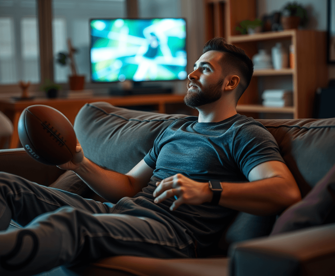 lazy clean cut man sitting on couch watching football
