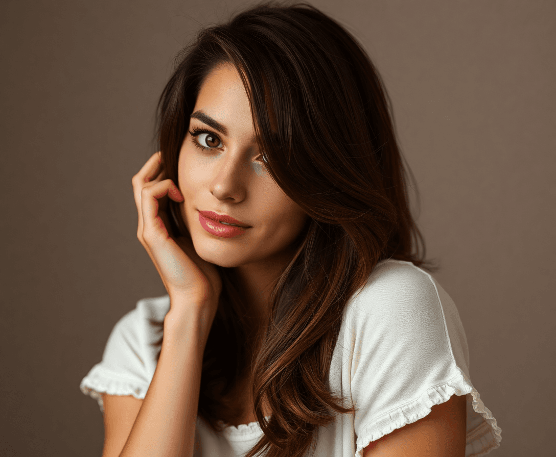 a 19 years old woman mediterannean chatain hair, grain de beauté on the face