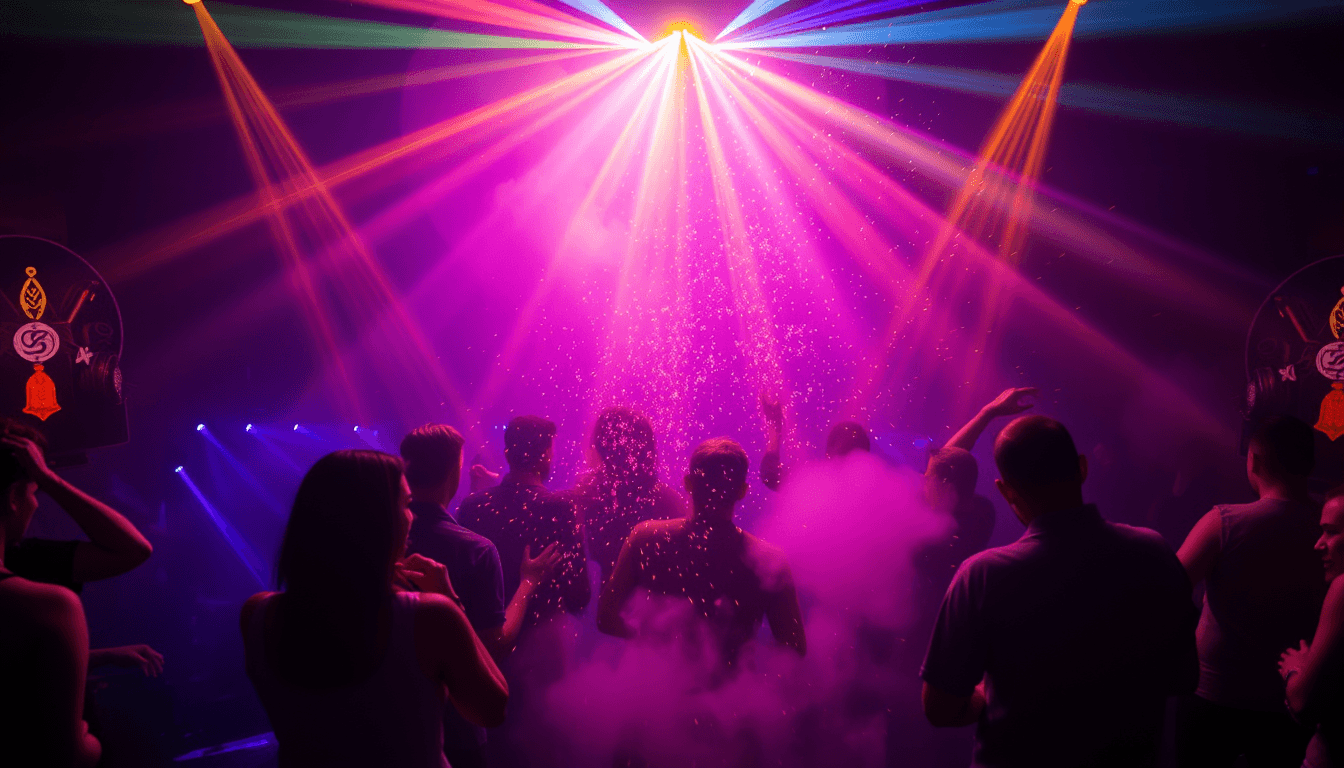 People dancing at a rave night club, lights smoke, glow, particles