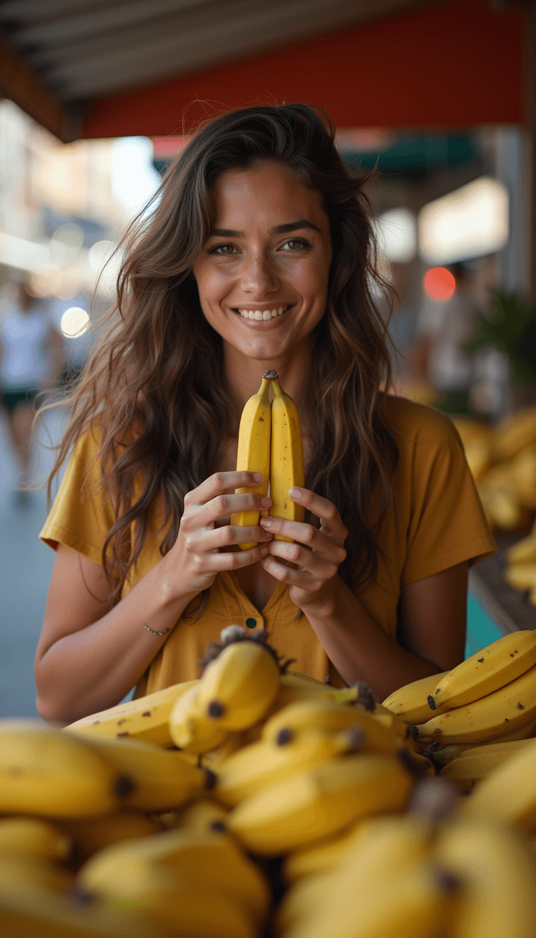 young woman alone on market eating bananas