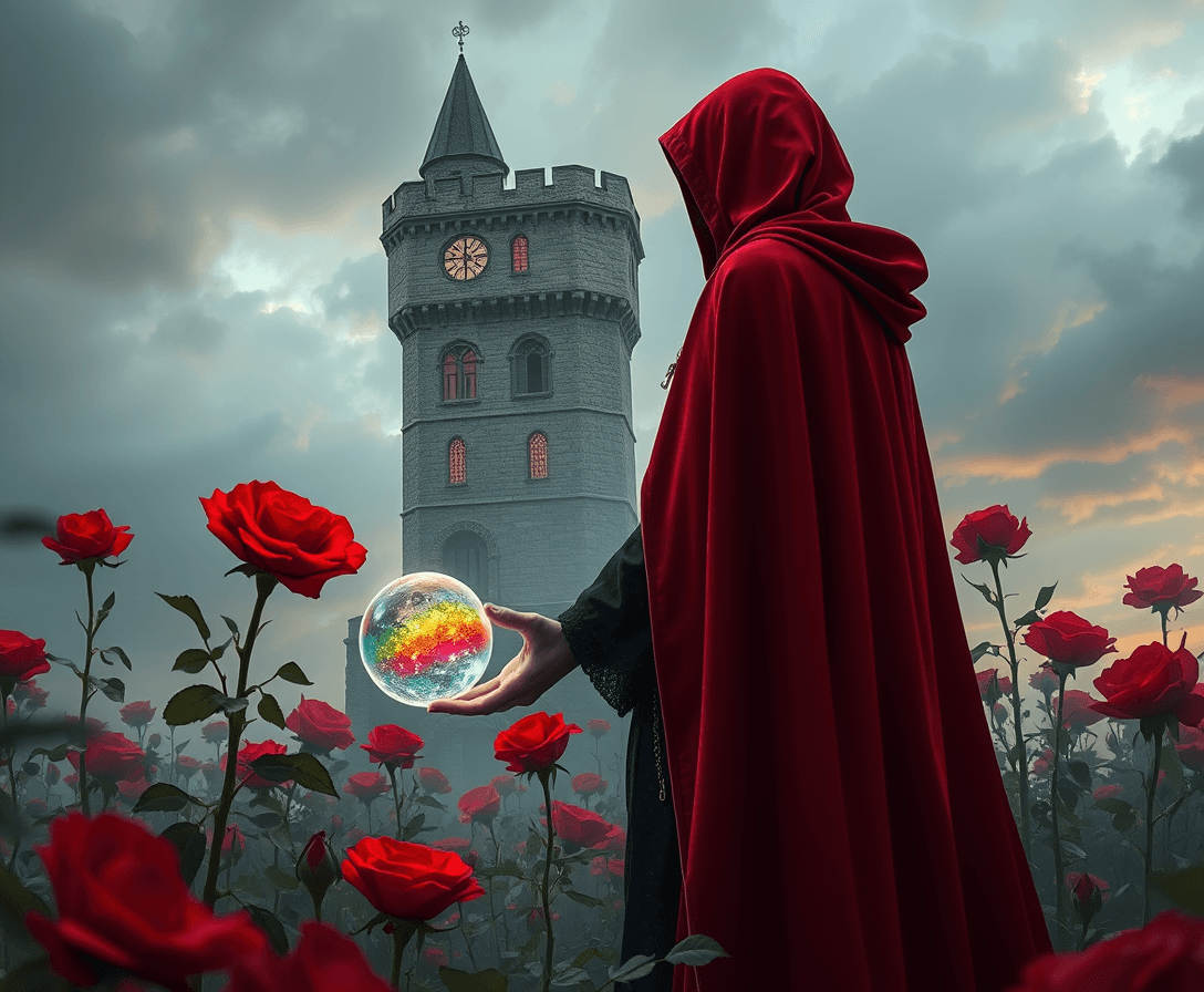  tower is surrounded by a field of red posion roses, a man with a red cloak and hooded is standind near, and he is holding a rainbow crystal ball in one hand 