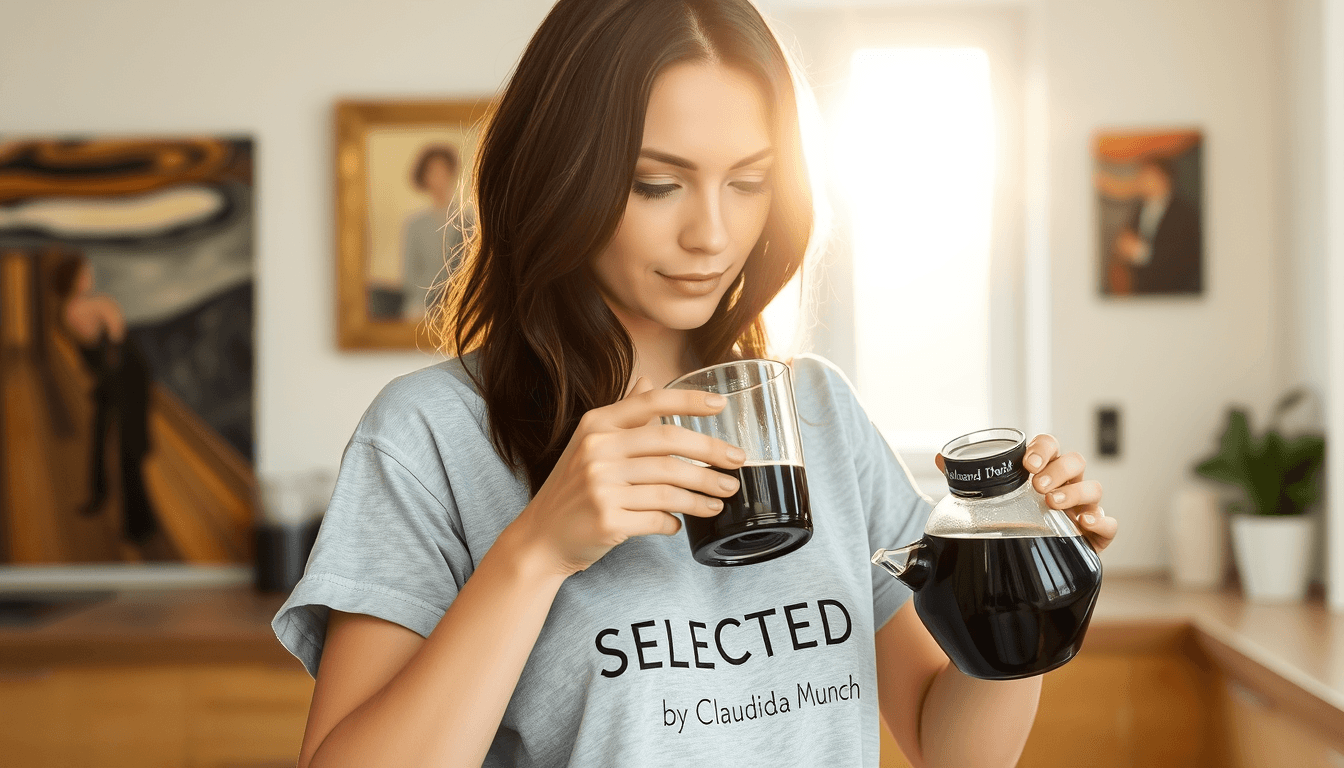 A young brunette, in a light grey t-shirt with the print "SELECTED by Claudia Münch" preparaing a black coffee in a kitchen with Edward Munch inspired art on the wall. The sun is shining in through a window.