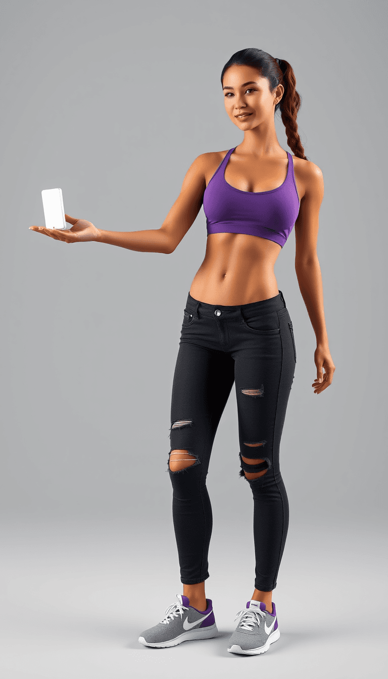 create a photorealistic 3d image of a young busty beautiful tanned woman who looks like Lara Croft, she is wearing a purple top, is well trained and have very visible abdominal muscles, black jeans with some fashionable holes and color matching Nike tennis shoes. She is stretching out one hand with a small white rectangular tablet dispenser. Light gray background